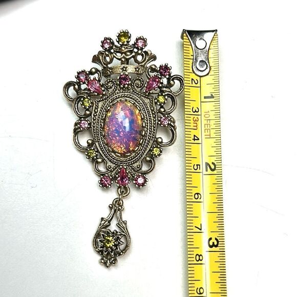 SARAH COVENTRY Brooch Pendant Contessa Faux Fire Opal Rhinestones Vintage - Picture 11 of 11